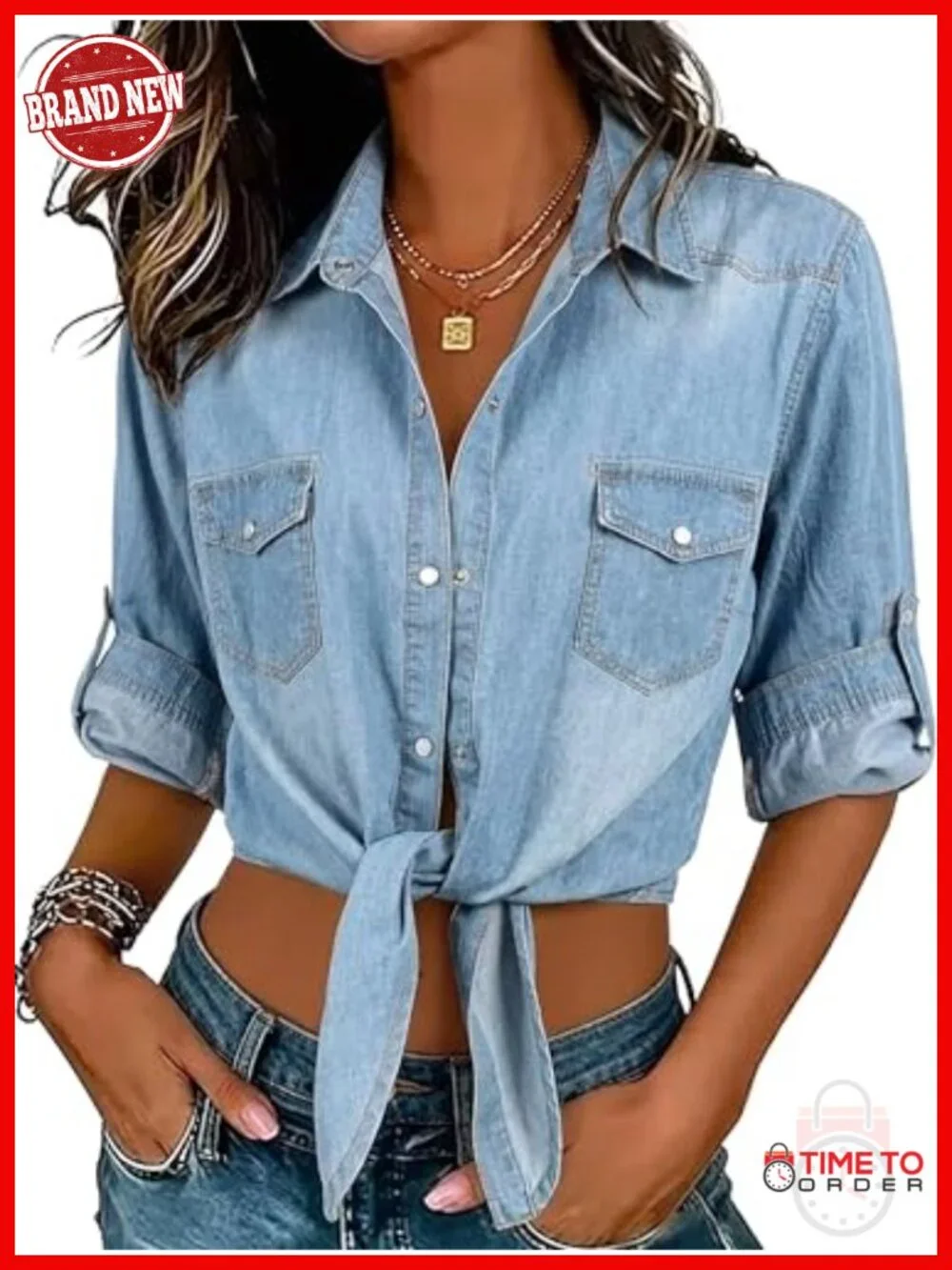 3/4 Sleeve Denim Crop Top Tie Front Knot Chambray Button Down Shirt